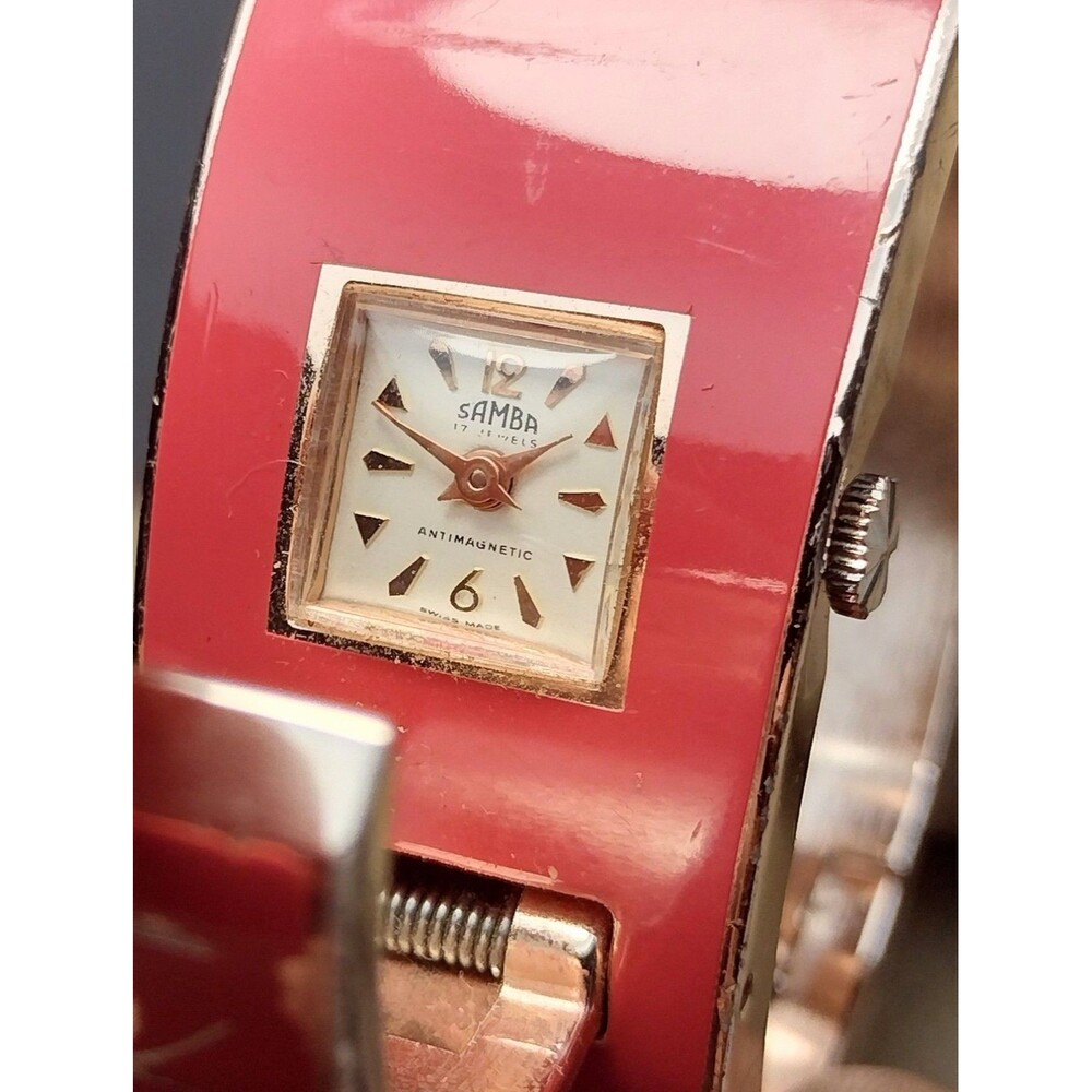 Vintage Samba Cuff Bracelet Watch Enamel Birds 1940s 50s - Picture 8 of 8